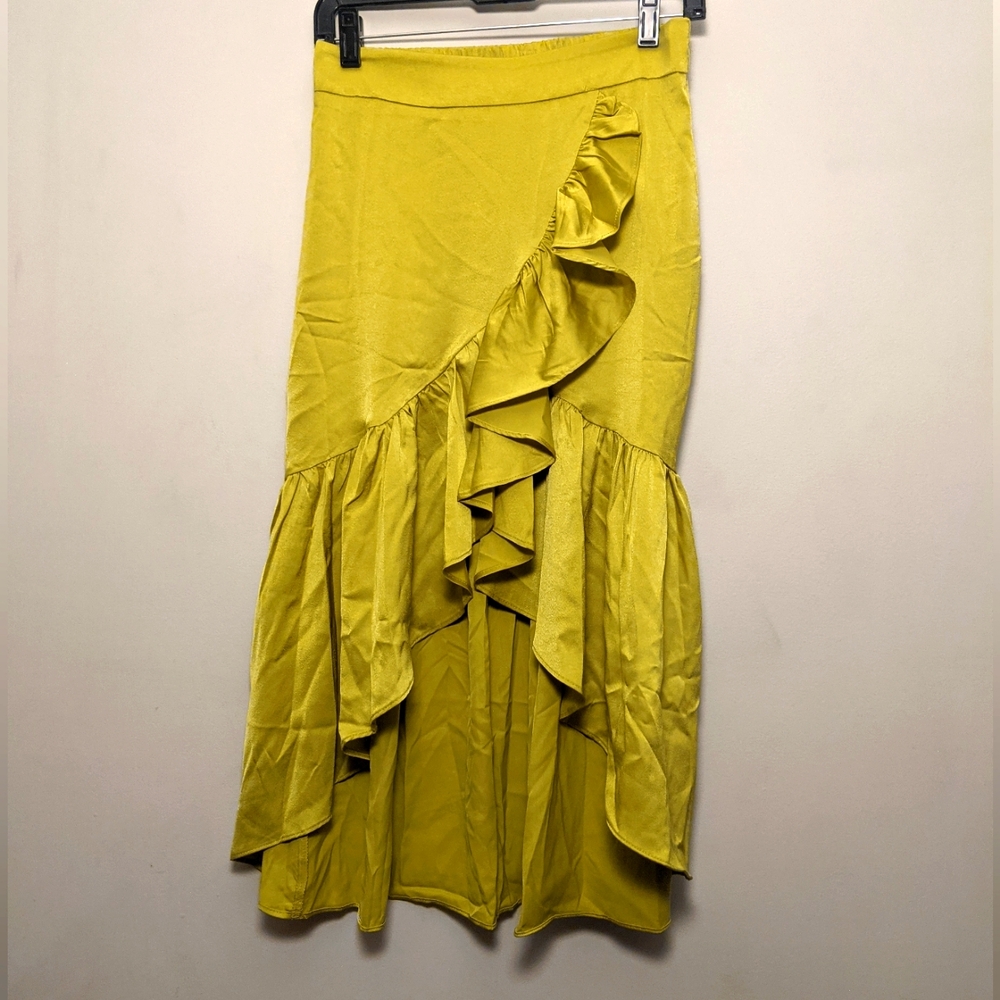 LULUMARI Lime Green Ruffled Satin Hi-low Midi Skirt S New